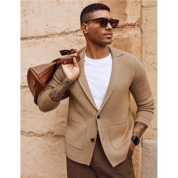 Men's Sweater Shawl Collar Button Down Jacket Khaki - Picture 2 of 6